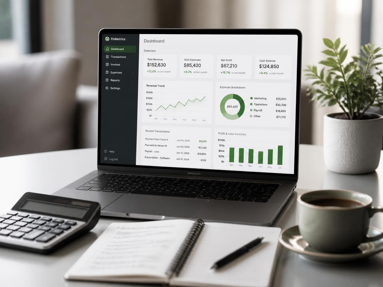 Financial reporting dashboard on a laptop in a modern office